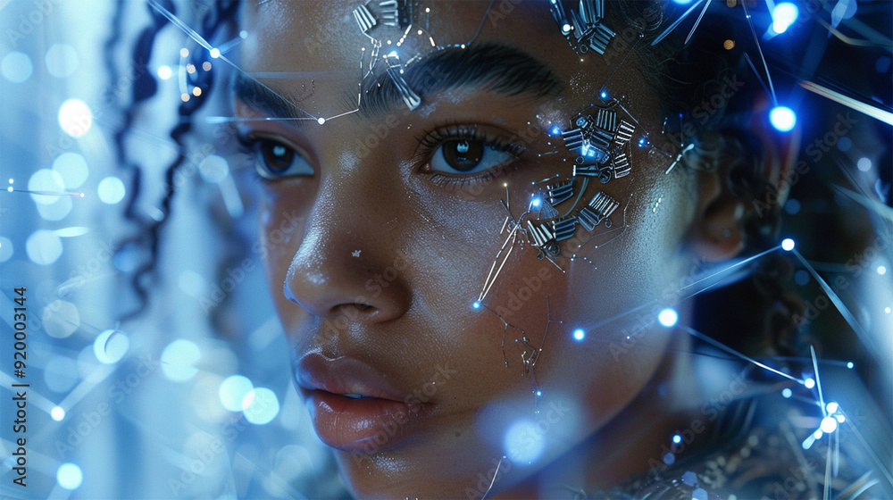 Close-up of a young woman with digital circuits on her face surrounded by glowing blue lights, a concept of the integration of technology and humanity. Close-up of a young woman with digital circuits on her face surrounded by glowing blue lights, a concept of the integration of technology and humanity.