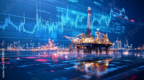 Offshore oil rig with business graph, oil and gas business and trading concept.