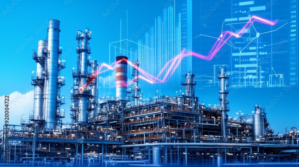 Oil and gas refinery plant with rising charts, representing growth and success in the petrochemical industry. Oil and gas refinery plant with rising charts, representing growth and success in the petrochemical industry.