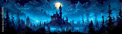 Mystical castle illuminated by full moon in a dark forest, surrounded by a starry night sky creating an enchanting and eerie atmosphere.