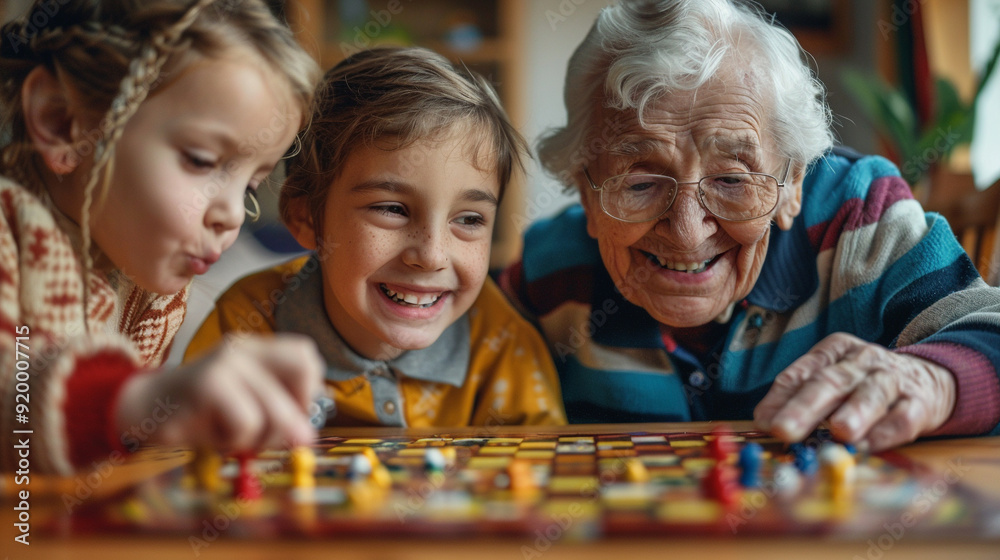  A happy grandmother plays a board game with her two grandchildren, everyone is smiling and laughing, intergenerational bonding concept.