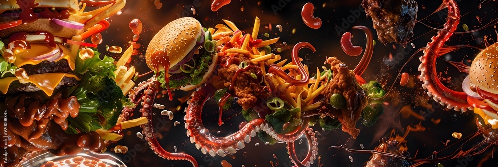 Junk Food Gene or fat mass and obesity associated genetics or FTO as a Fast-food concept with a DNA strand representing genetics and unhealthy eating affecting genes. Junk Food Gene or fat mass and obesity associated genetics or FTO as a Fast-food concept with a DNA strand representing genetics and unhealthy eating affecting genes.