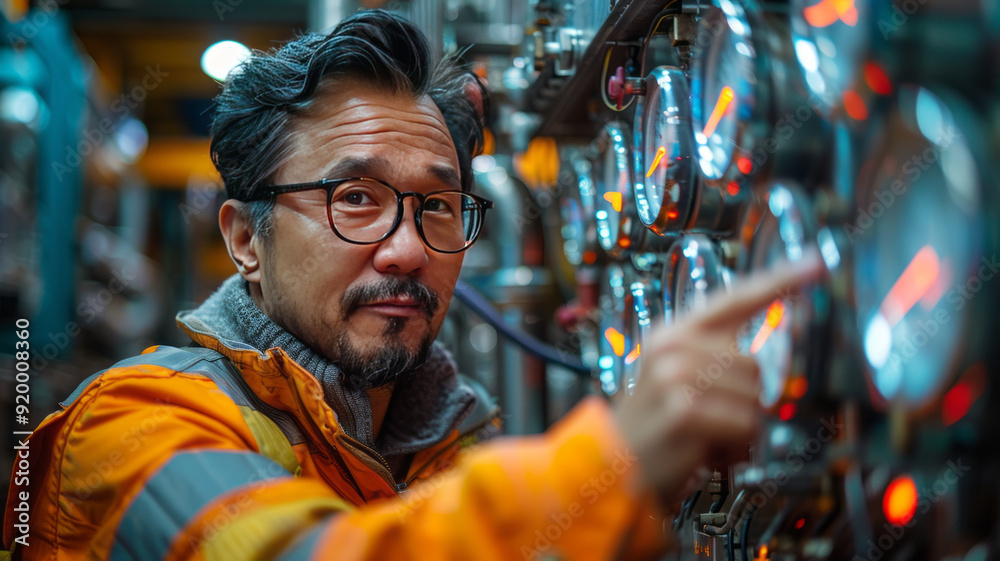 A Engineer in a safety vest is pointing at a machine.generative ai A Engineer in a safety vest is pointing at a machine.generative ai