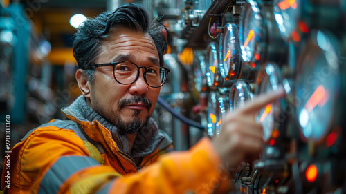 A Engineer in a safety vest is pointing at a machine.generative ai