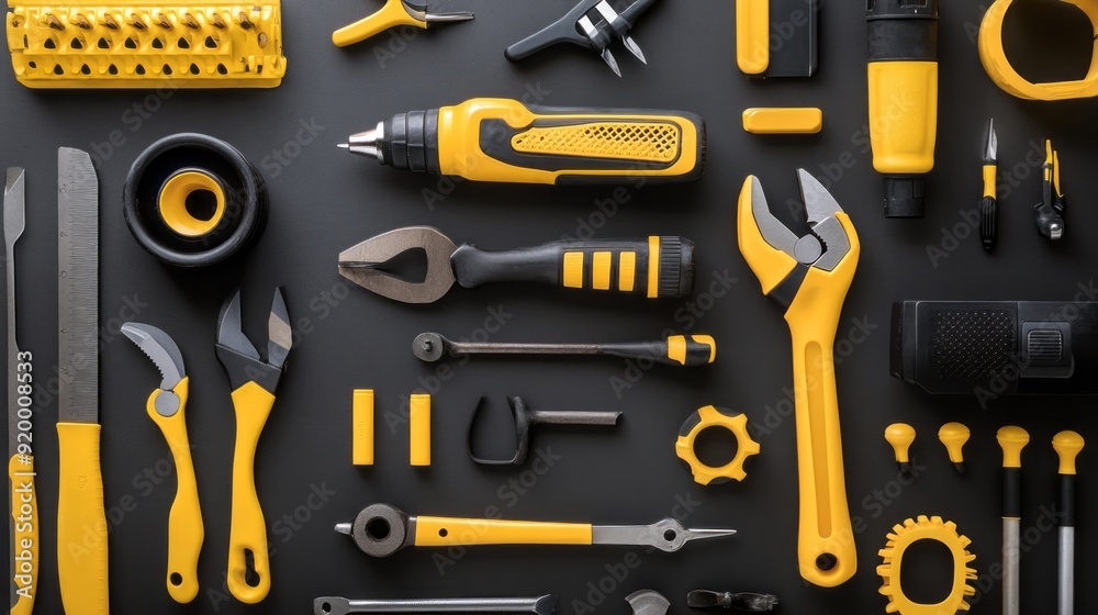 A collection of tools including one that has a yellow tool on it A collection of tools including one that has a yellow tool on it