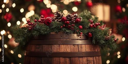 Festive Barrel with Garland and Pine Cones by a Christmas Tree