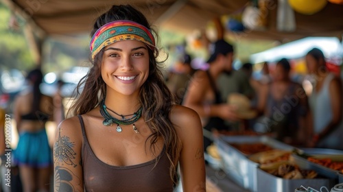 A young woman with dreadlocks is smiling at the camera at a summer festival. photo