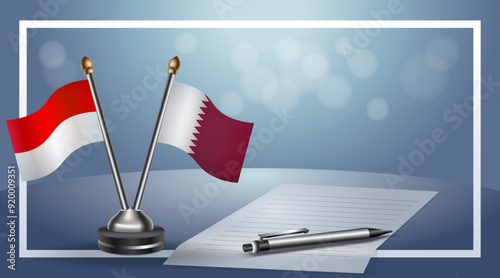Indonesia and Qatar Small national flag on bokeh background, cooperative relationship