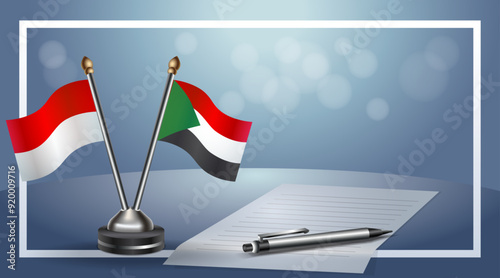 Indonesia and Sudan Small national flag on bokeh background, cooperative relationship