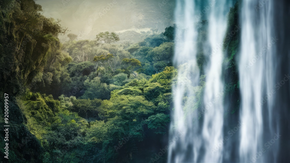 Waterfall against the background of trees, branches and green leaves of the forest in the distance. Waterfall against the background of trees, branches and green leaves of the forest in the distance.