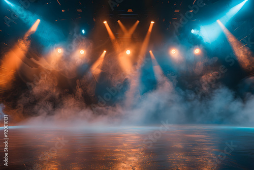 Dramatic Stage with Colorful Lighting and Fog Effects