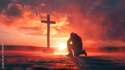 A man kneels and prays in front of a cross.