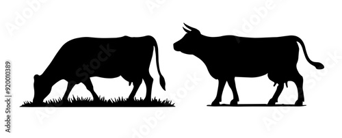 Dairy farm cow vector silhouette icon. Beef cattle cow animal farmer isolated illustration.