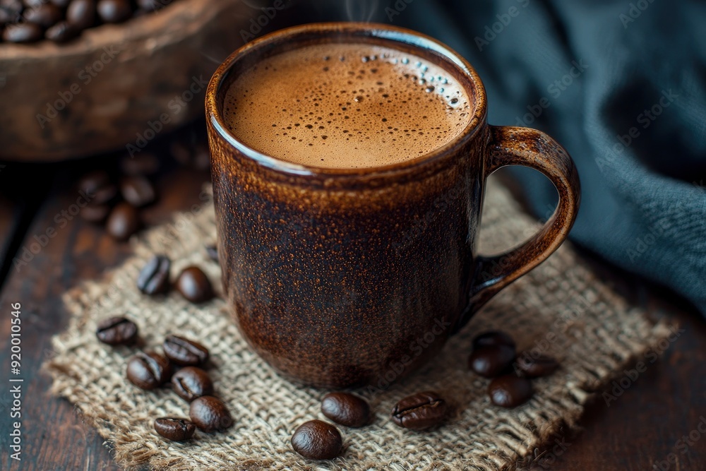 A cup of aromatic black coffee, a coffee maker, coffee beans of different varieties on the table. Morning espresso or Americano coffee for breakfast in a beautiful brown cup - generative ai A cup of aromatic black coffee, a coffee maker, coffee beans of different varieties on the table. Morning espresso or Americano coffee for breakfast in a beautiful brown cup - generative ai