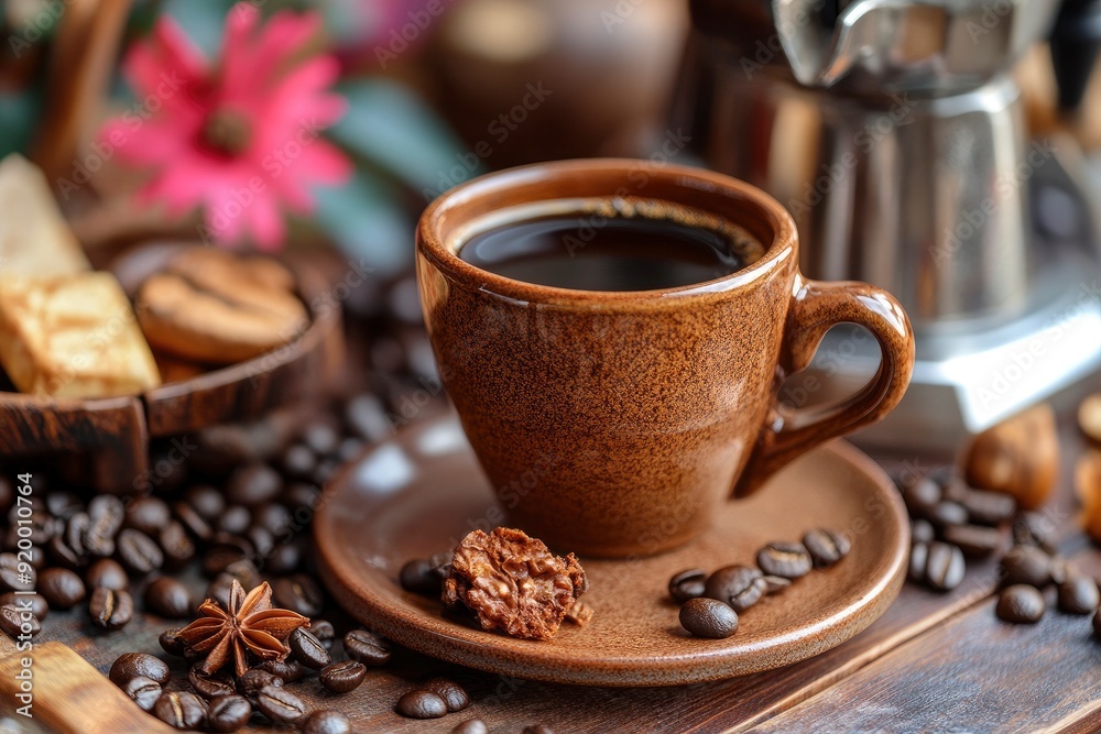 A cup of aromatic black coffee, a coffee maker, coffee beans of different varieties on the table. Morning espresso or Americano coffee for breakfast in a beautiful brown cup - generative ai A cup of aromatic black coffee, a coffee maker, coffee beans of different varieties on the table. Morning espresso or Americano coffee for breakfast in a beautiful brown cup - generative ai