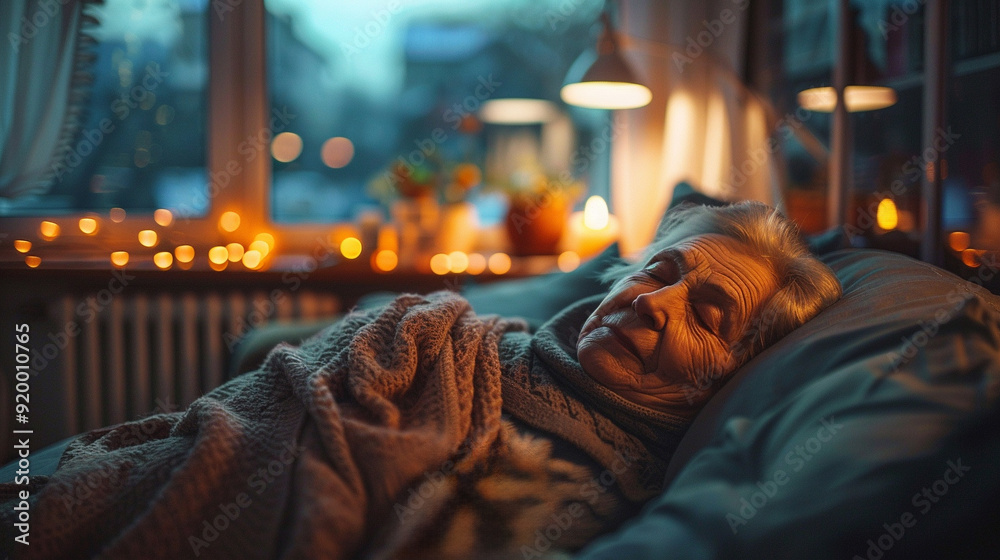 An elderly woman rests peacefully in bed, wrapped in a blanket, with warm, ambient lighting and bokeh lights .the concept of caring for the elderly and loneliness An elderly woman rests peacefully in bed, wrapped in a blanket, with warm, ambient lighting and bokeh lights .the concept of caring for the elderly and loneliness