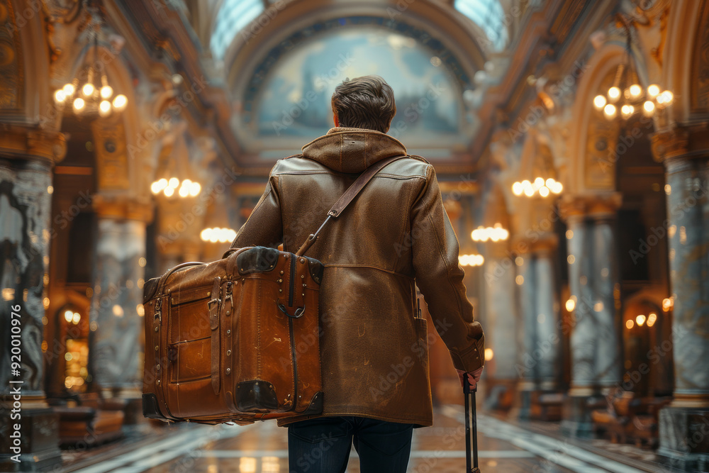 Male is carrying luggage in hall before trip.generative ai Male is carrying luggage in hall before trip.generative ai