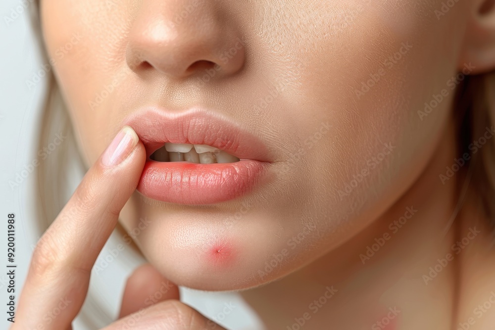 Fototapeta premium A woman with a red spot on her face is touching her chin