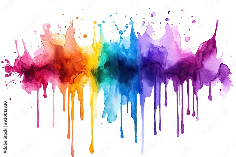Fototapeta premium A colorful painting with a rainbow and splatters of paint. The painting is abstract and has a vibrant, energetic feel to it
