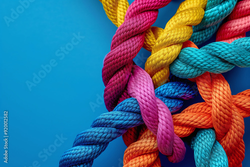 Close-up of colorful braided ropes intertwined, representing diversity, unity, and strength in partnership