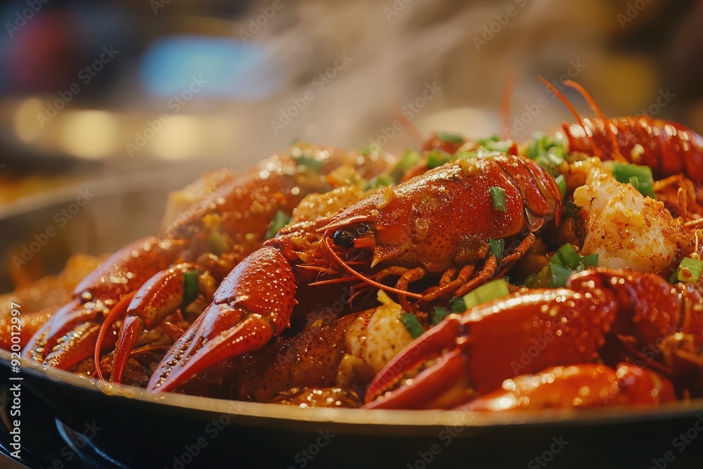 Close-up of spicy crayfish on table, indoor shot - generative ai Close-up of spicy crayfish on table, indoor shot - generative ai