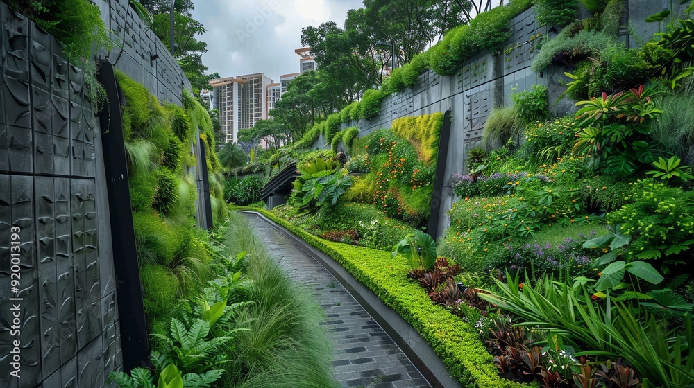 Urban green corridors filled with diverse flora reducing noise pollution from traffic, flora ecosystems noise, urban noise corridors Urban green corridors filled with diverse flora reducing noise pollution from traffic, flora ecosystems noise, urban noise corridors