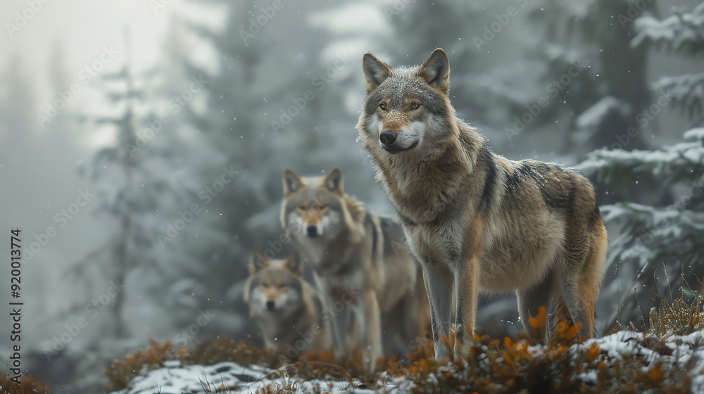 Obraz premium Wolves establishing pack territories in mountainous regions, guided by natural social processes, fauna territory natural processes, pack dynamics