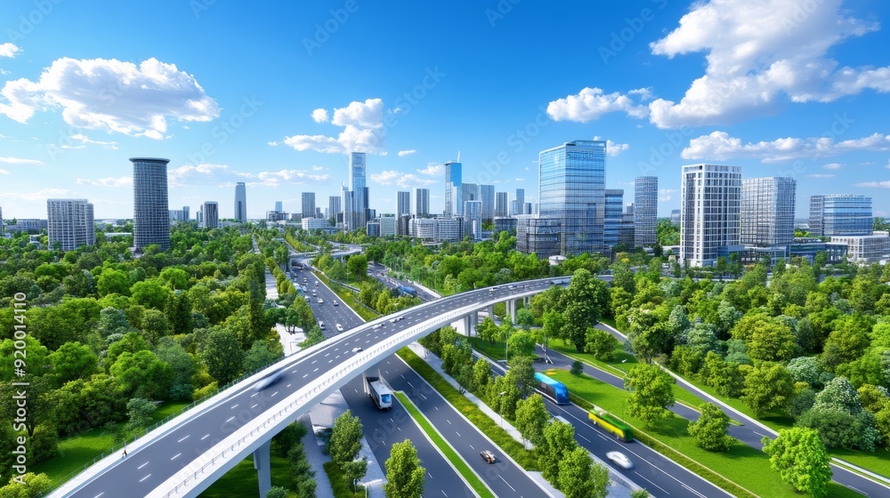 Modern city with highways and green trees, concept of clean urban life. Modern city with highways and green trees, concept of clean urban life.