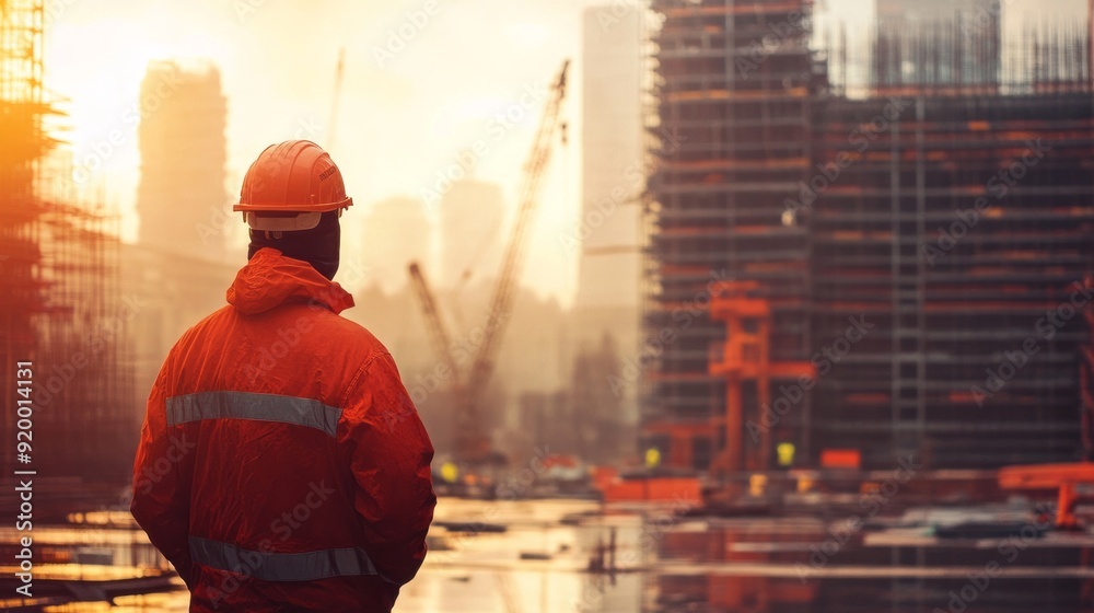 A construction worker stands on a building site in front of a construction site A construction worker stands on a building site in front of a construction site
