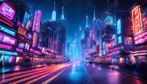 Futuristic city with neon light effect background