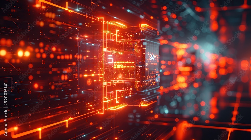 Fototapeta premium Abstract Digital Network with Glowing Lines and Red Lights