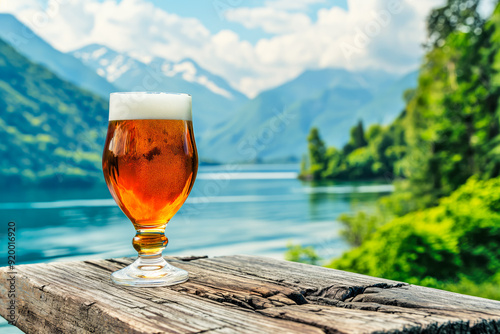 A glass of beer is sitting on a wooden table by a lake