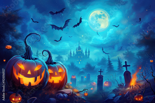 A Halloween scene with two pumpkins and a castle in the background