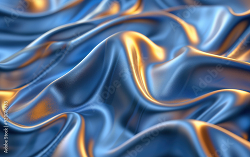 A blue fabric with a wave pattern and gold accents