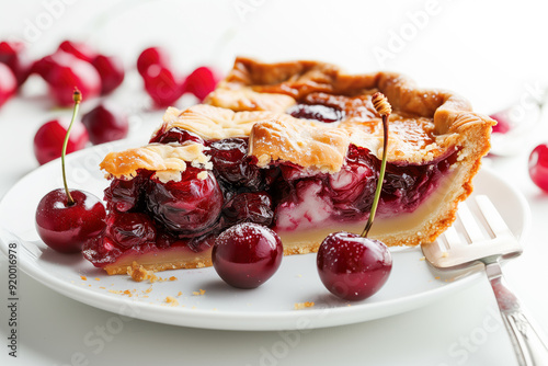 open pie with cherries isolated on white background.