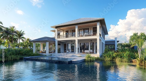 Luxury mansion by the water with a beautiful landscape and blue sky