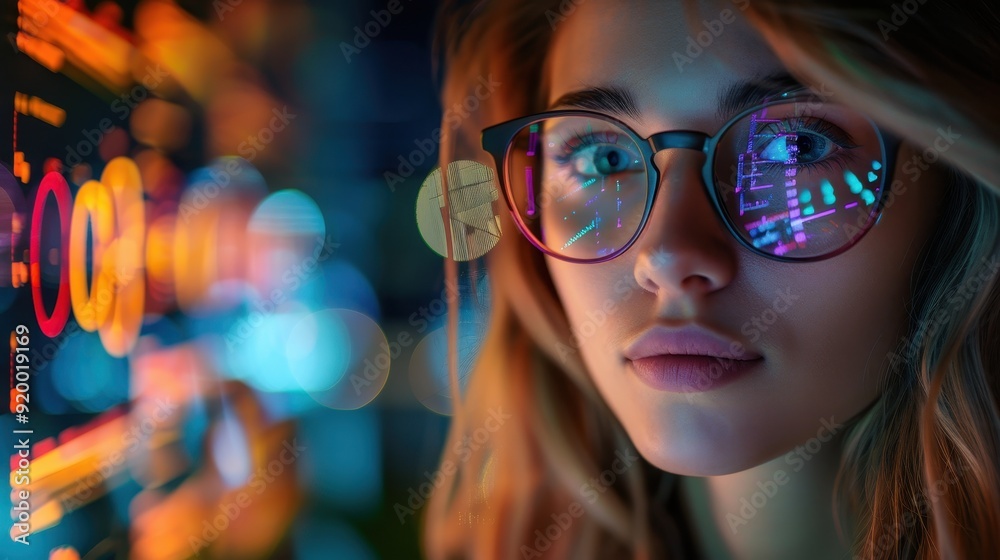 Woman with Glasses Looking at Digital Data Reflected in Lenses Woman with Glasses Looking at Digital Data Reflected in Lenses