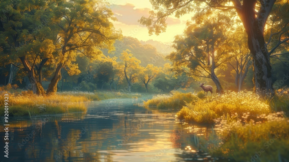 A solitary elk standing in a forest clearing with a river flowing through it at sunrise A solitary elk standing in a forest clearing with a river flowing through it at sunrise