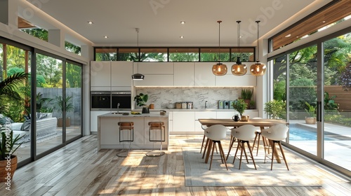 A modern kitchen with white cabinets, a large island, and bar stools.