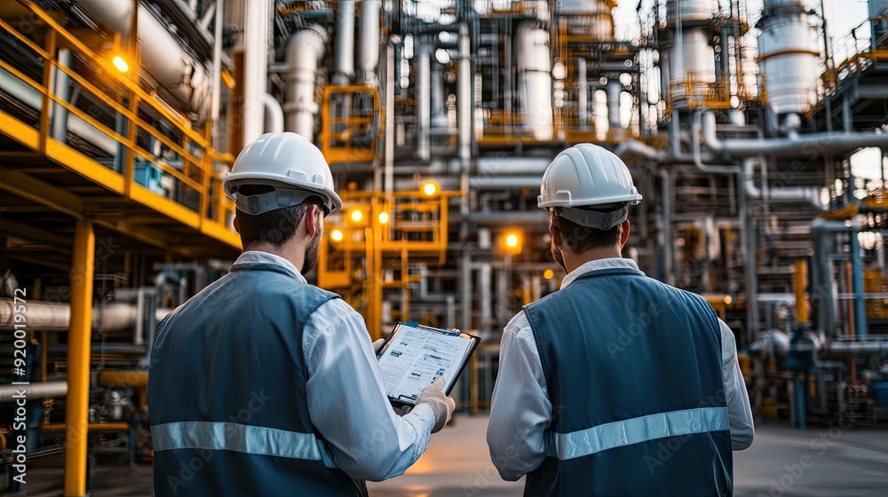 Two men in safety gear are standing in front of a large industrial plant. They are looking at a clipboard and seem to be discussing something Two men in safety gear are standing in front of a large industrial plant. They are looking at a clipboard and seem to be discussing something