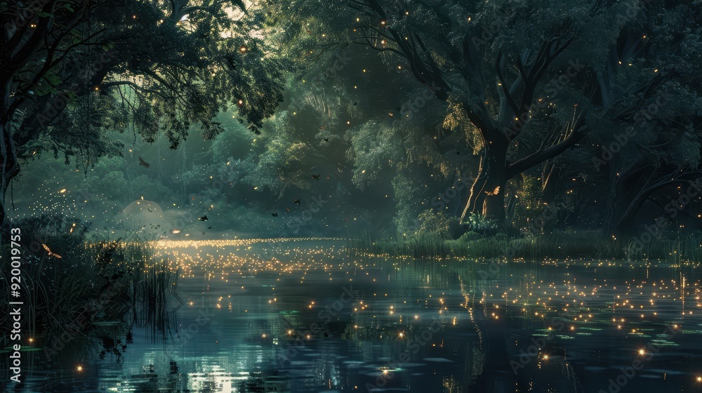 A Serene Forest Lake with Fireflies Glimmering in the Night A Serene Forest Lake with Fireflies Glimmering in the Night