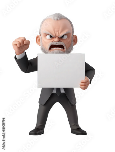 3D character of an angry old man with a blank sign isolated on transparent background photo