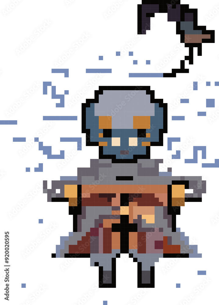 Fototapeta premium Robotic mage summoner with a floating spectral claw and magic aura in 8-bit pixel art style, perfect as a boss sprite or enemy character for retro sci-fi indie games and RPGs