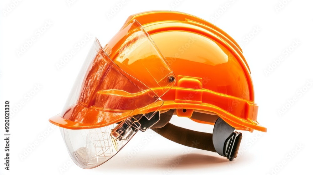 An orange safety helmet with a transparent face visor isolated on a white background for workplace An orange safety helmet with a transparent face visor isolated on a white background for workplace