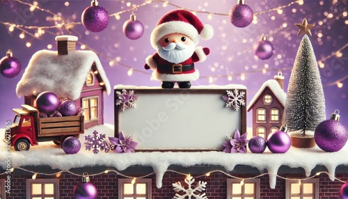 Santa's Purple Christmas Village: A charming scene with Santa Claus standing atop a blank sign in a miniature Christmas village bathed in purple hues. Perfect for holiday greetings photo