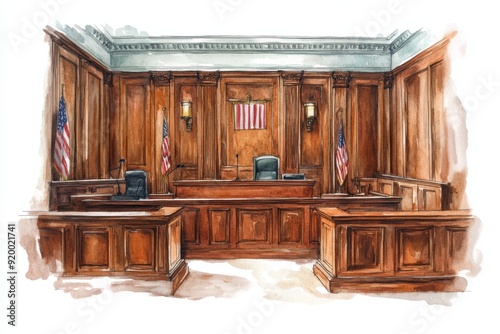 Detailed watercolor courtroom scenes isolated on a white background illustrate a trial