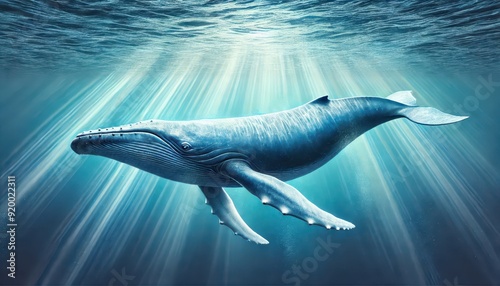 A majestic blue whale swimming in the ocean. The scene captures the enormous size and beauty of the whale photo