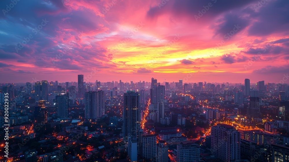 City skyline at sunset with colorful clouds and illuminated buildings City skyline at sunset with colorful clouds and illuminated buildings