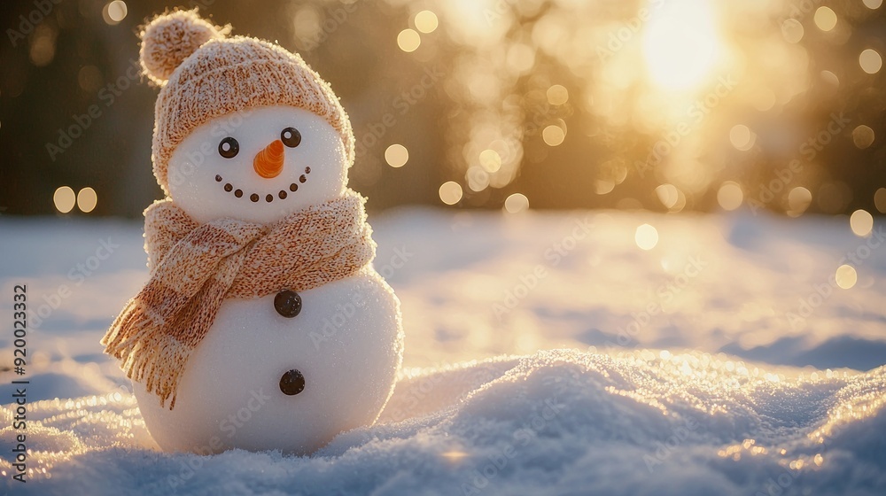 Snowman with a hat and scarf standing in the glowing sunset Snowman with a hat and scarf standing in the glowing sunset