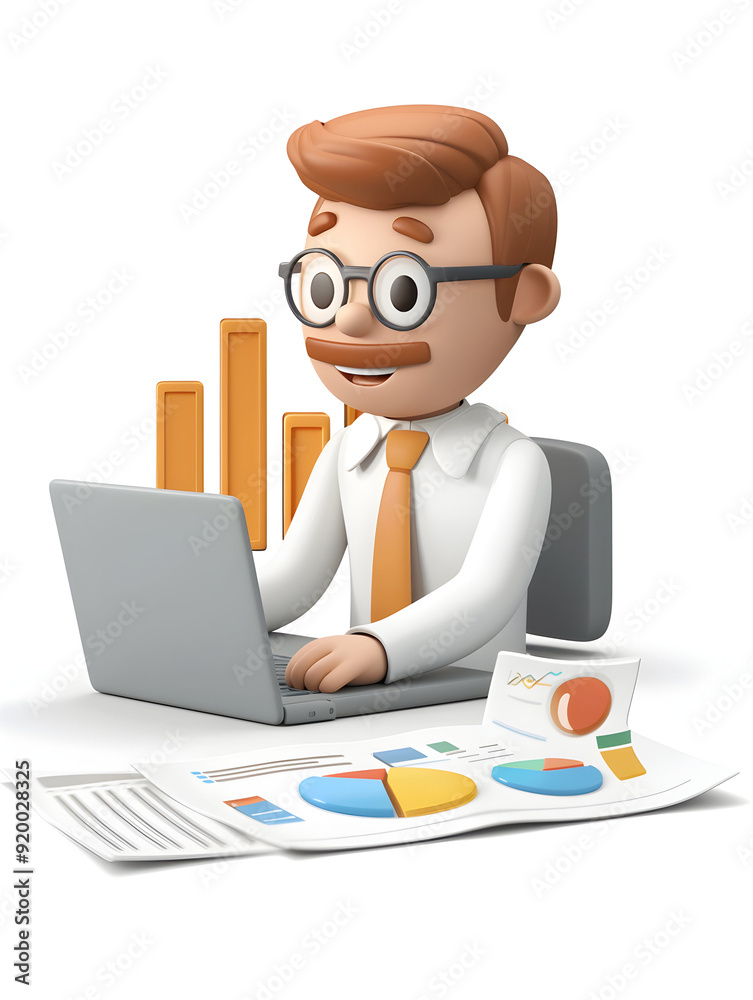 3D Flat Icon of Analyst with Laptop and Planning Document for Data Analysis and Business Planning, Isolated on White Background 3D Flat Icon of Analyst with Laptop and Planning Document for Data Analysis and Business Planning, Isolated on White Background